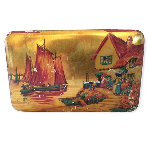 Blue Bird Toffee Tin Boat Village Design Hinged England Vtg Harry Vincent Candy. - Picture 4 of 16